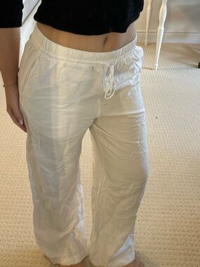 H&M White Drawstring Linen Wide-Leg Pants